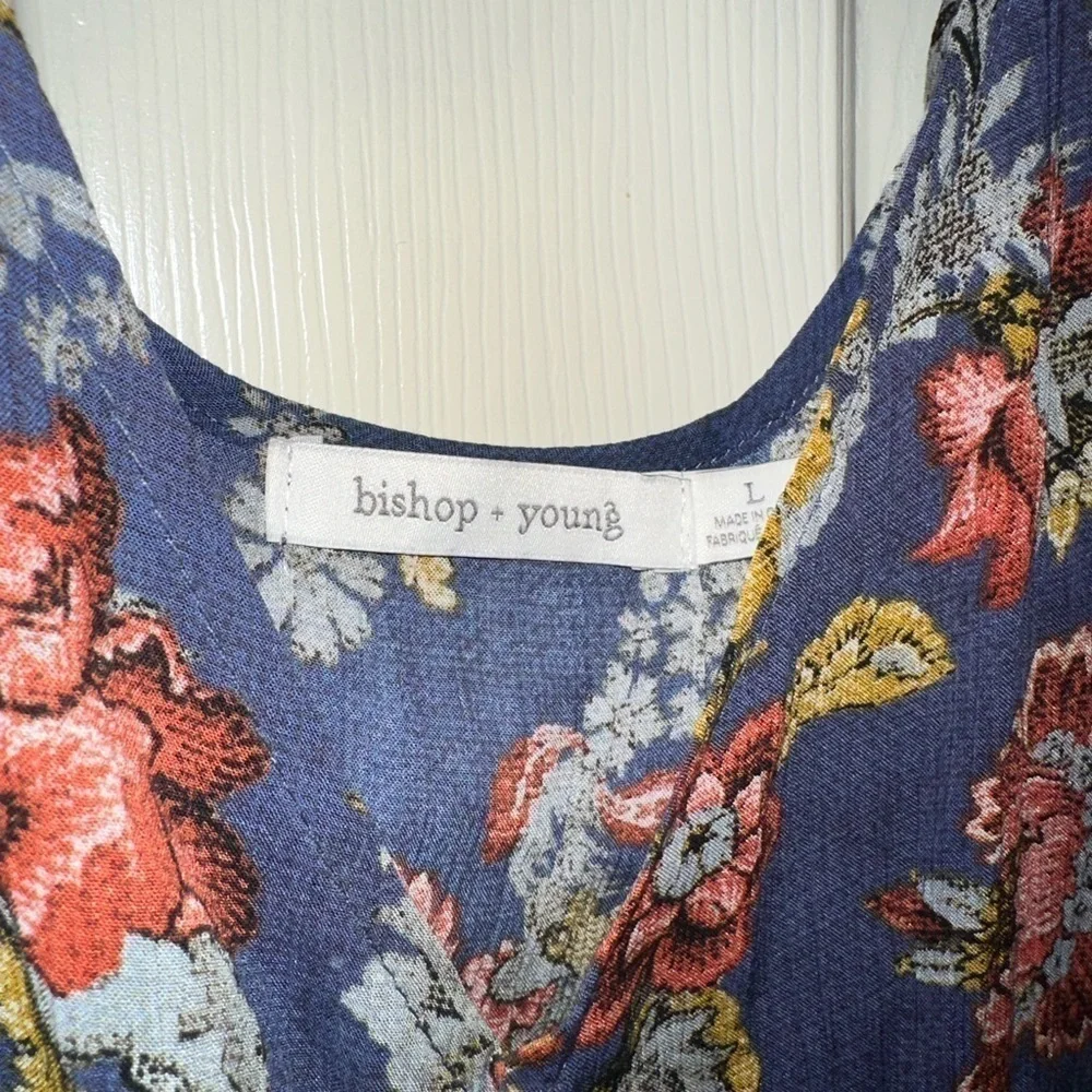 BISHOP + YOUNG BLUE ROMANTIC FLORAL BOHO COLD SHOULDER BLOUSE WOMEN'S SZ L - Picture 6 of 10